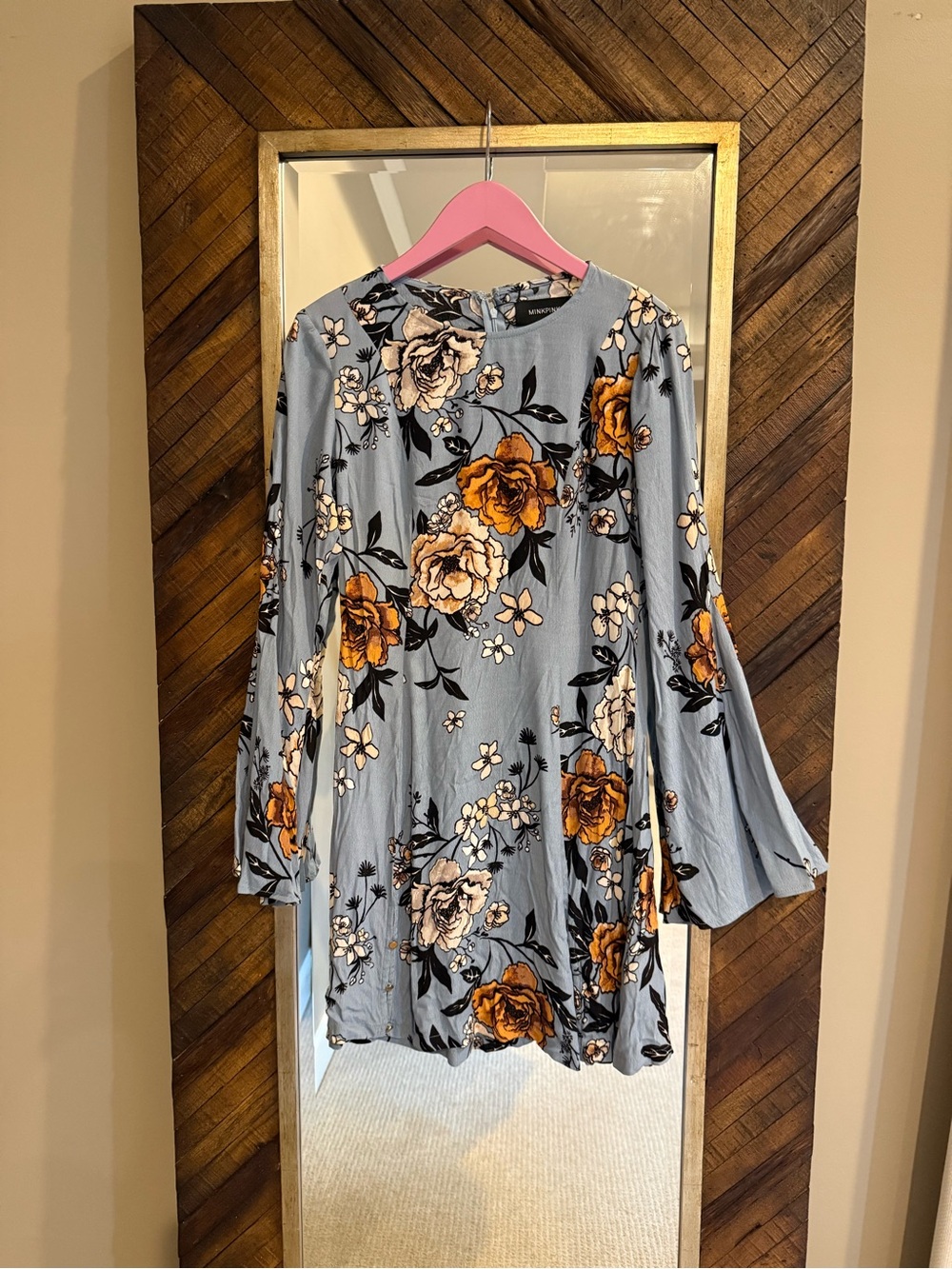MINKPINK Light Blue Floral Bell-Sleeve Dress with Orange Blooms
